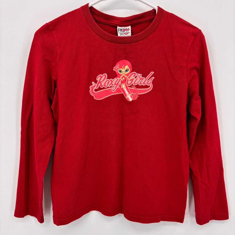 Roxy Teenie Wahine Long Sleeve Tee Girls Large Red Good Graphic Surf Cotton